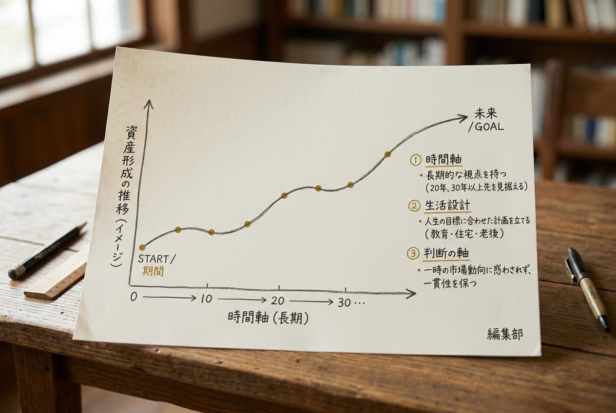 長期の時間軸を示す穏やかなグラフと手書きメモの画像