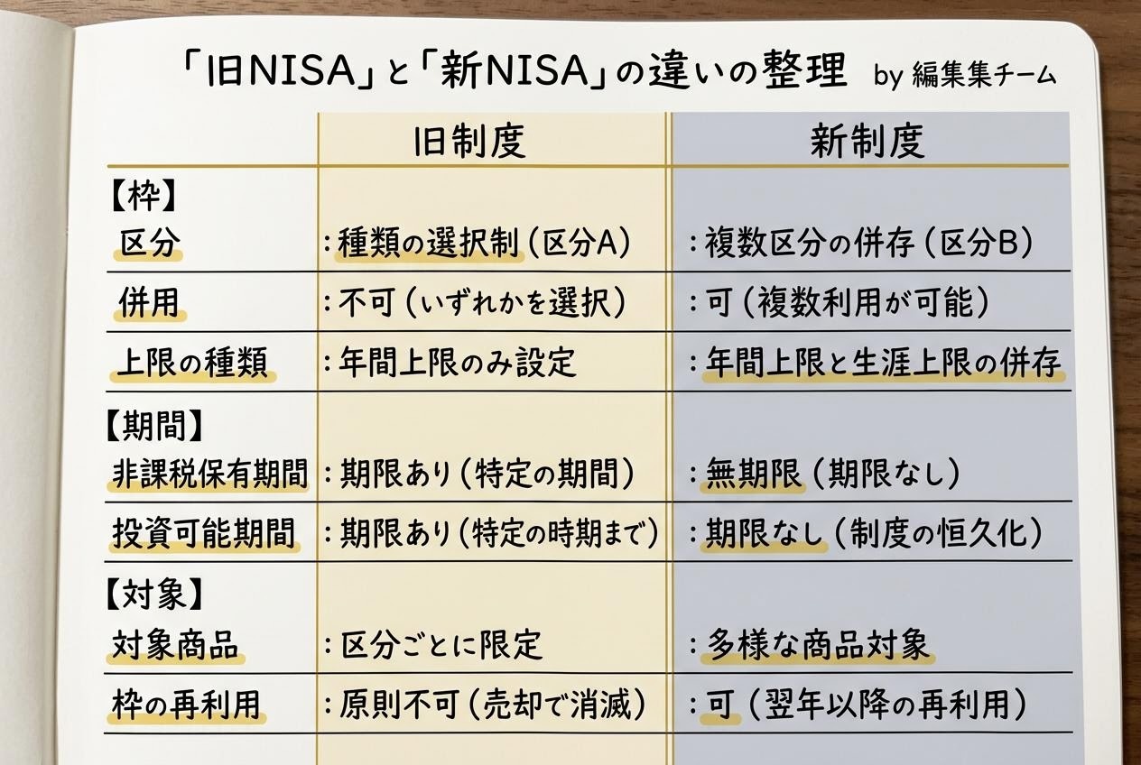 旧NISAと新NISAを並べた編集部の比較図