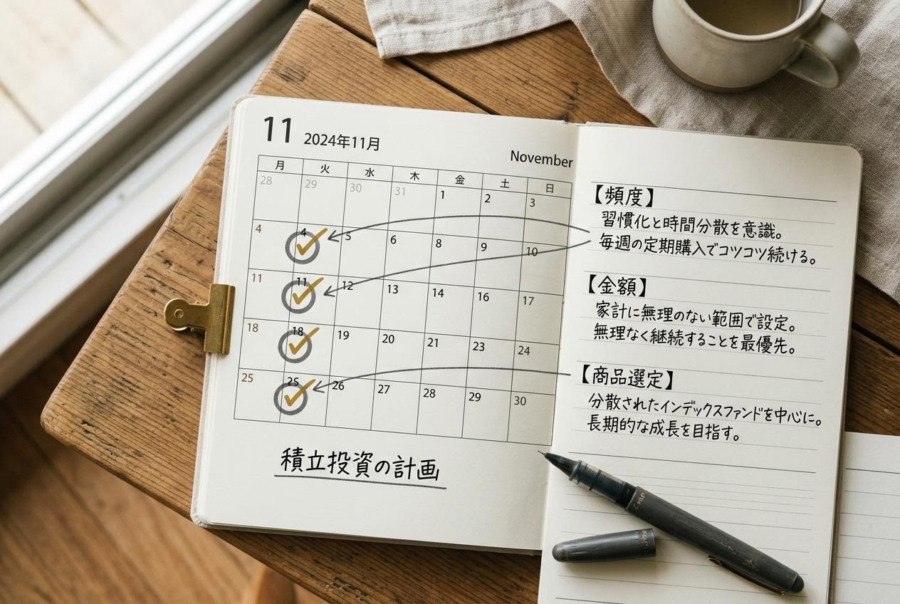 月次カレンダーと積立金額の手書き計画の画像